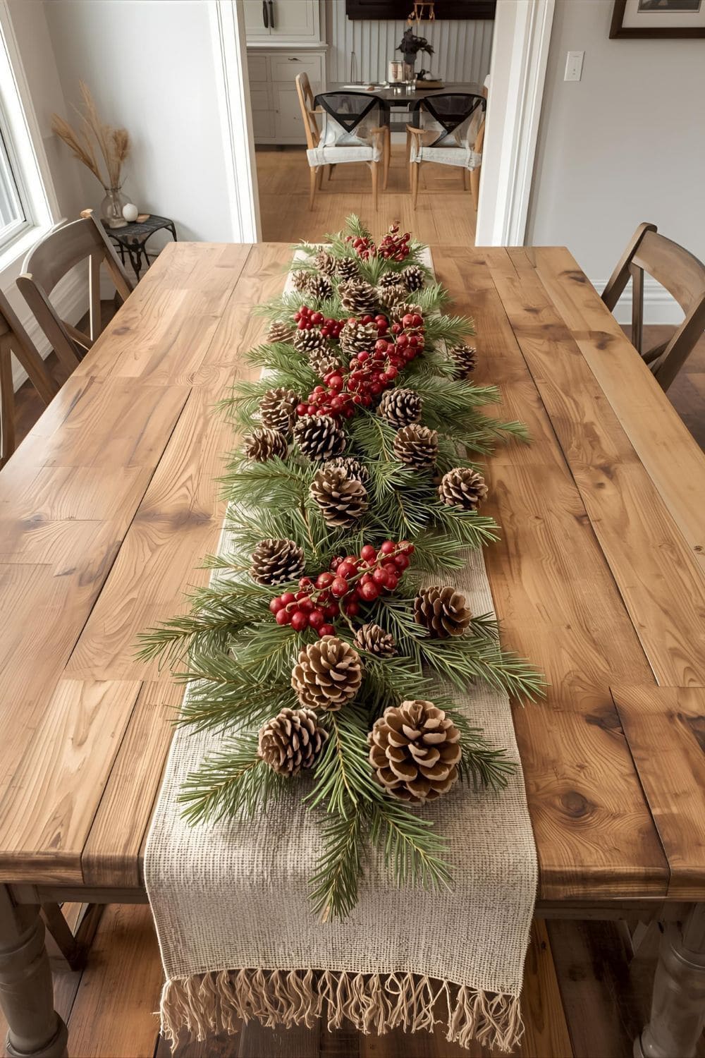 Pinecone and Berry Burlap Table Runner