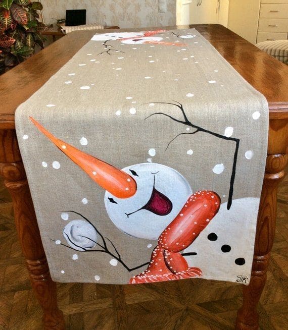 Playful Snowman Linen Table Runner