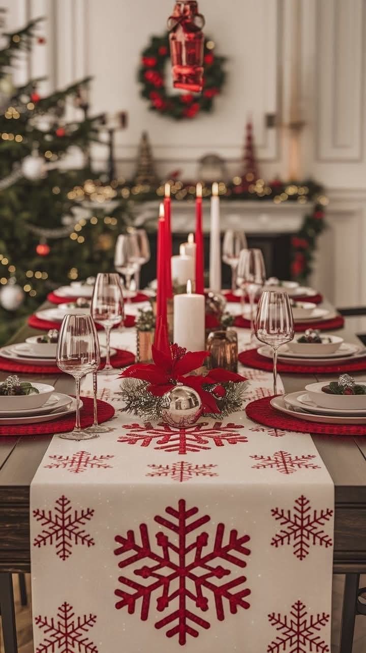 Red Snowflake Table Runner Setting