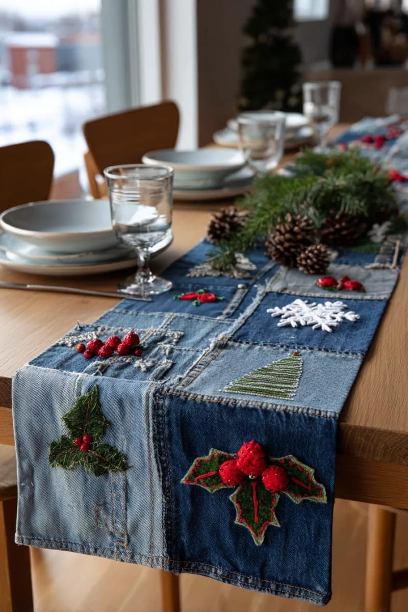 Upcycled Denim Christmas Table Runner
