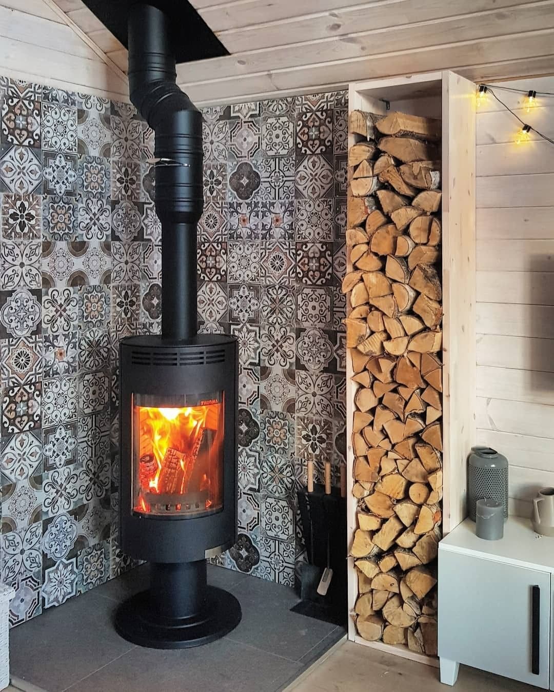 Modern Wood Stove with Decorative Tile Wall
