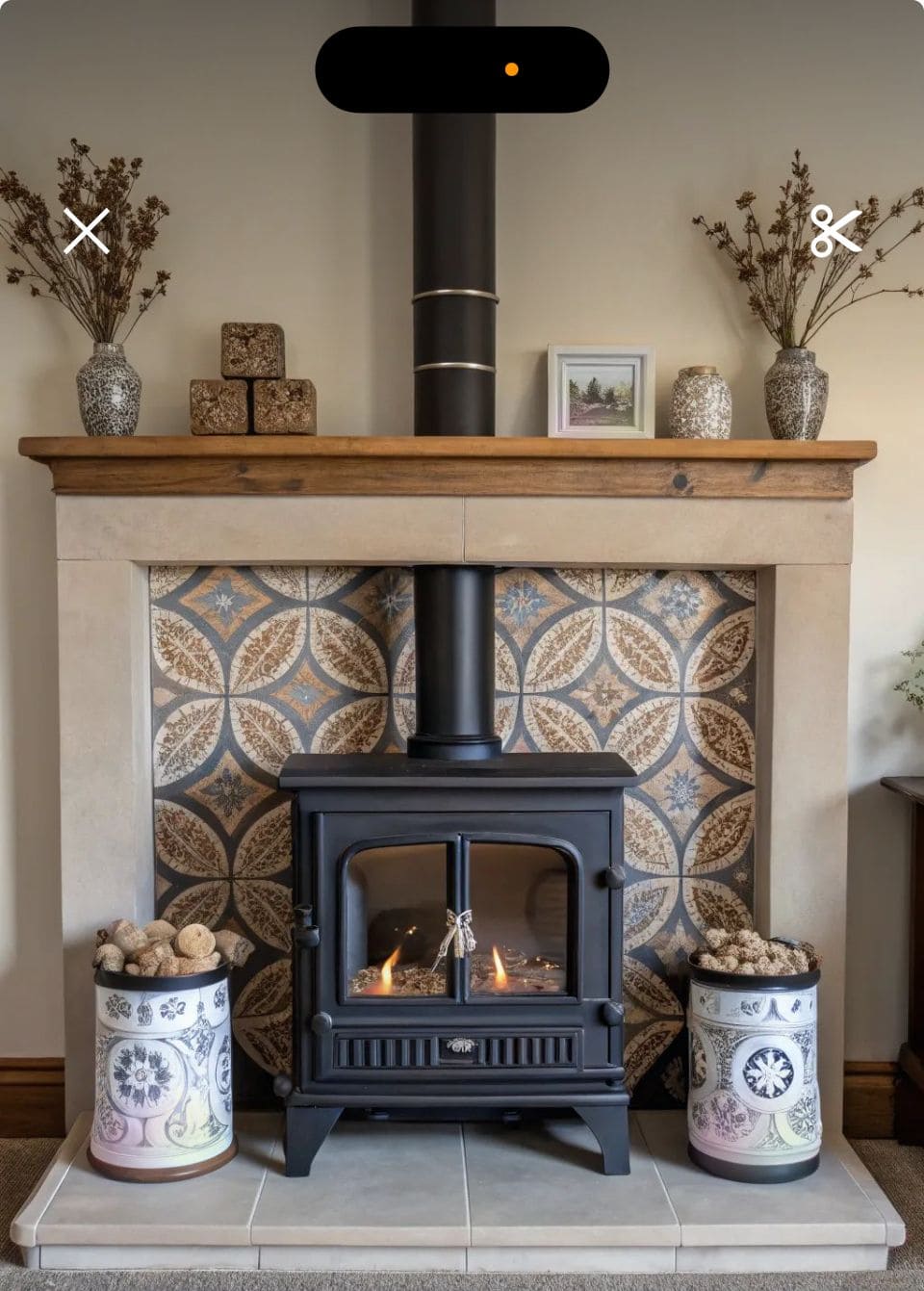 Rustic Wood-Burning Stove with Decorative Touches