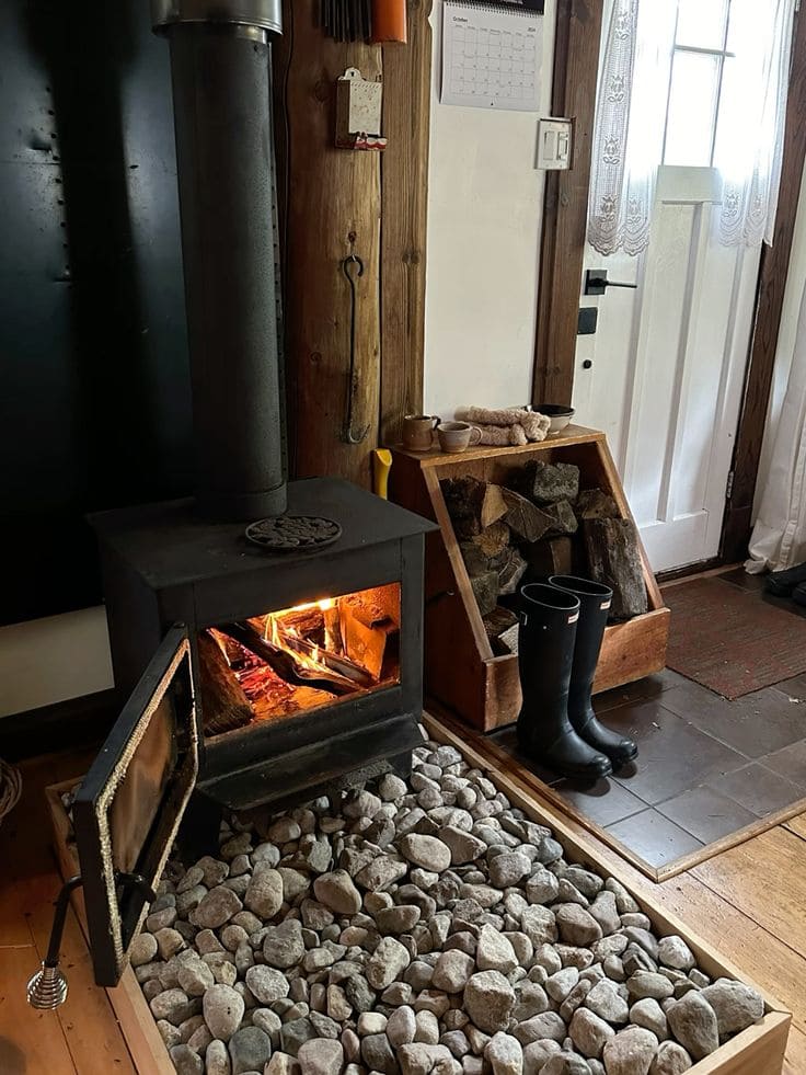Rustic Wood Stove with Stone Base