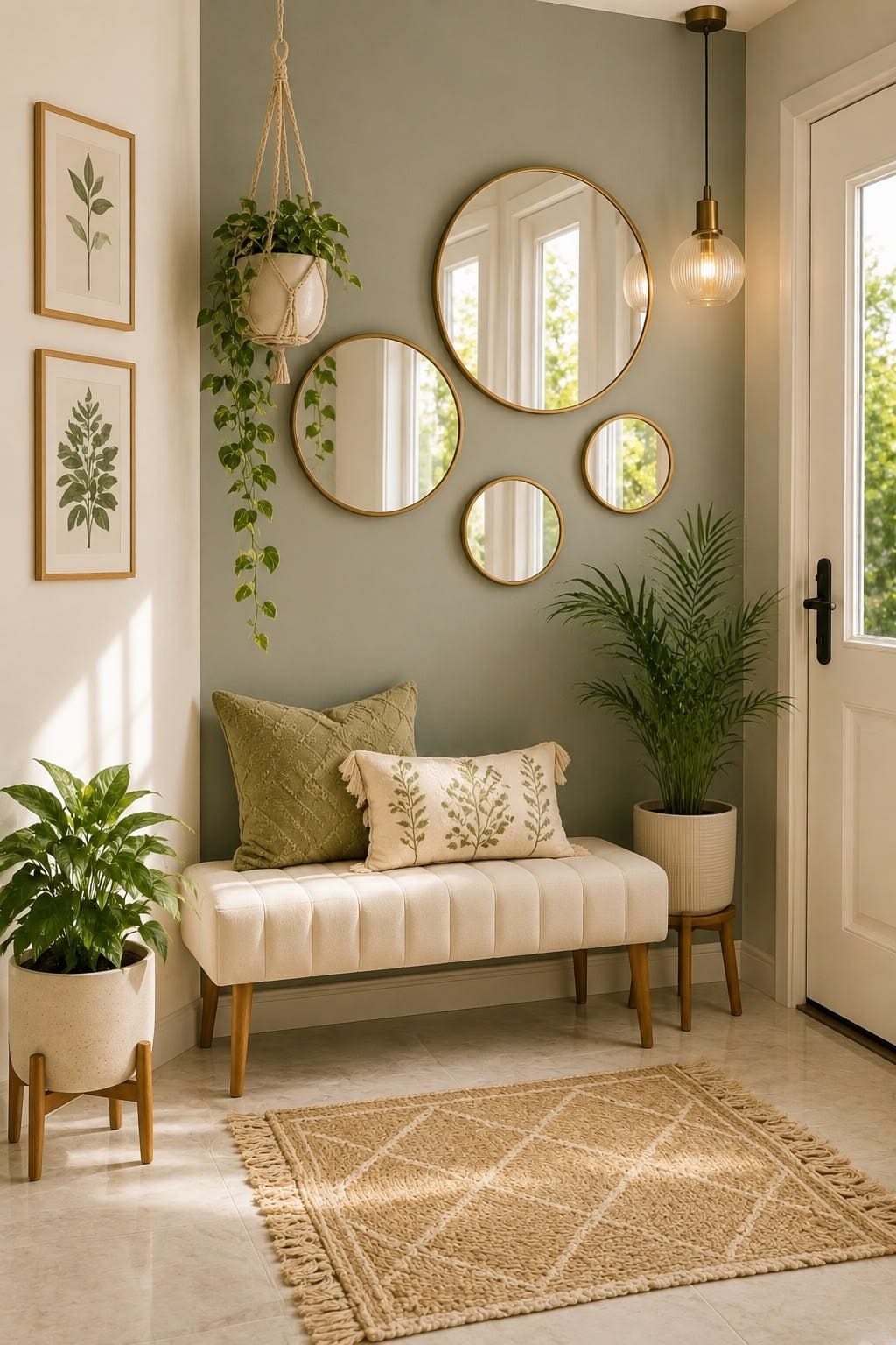 Botanical Entryway Corner With Round Mirrors