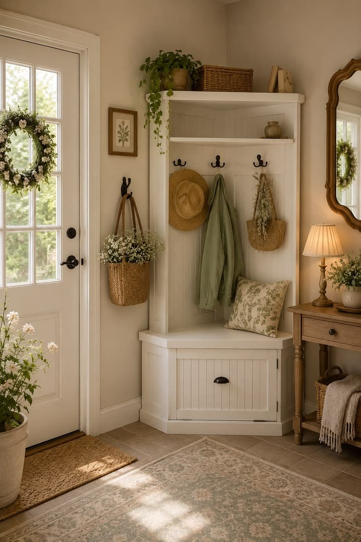 Charming Cottage Entryway With Corner Cabinet