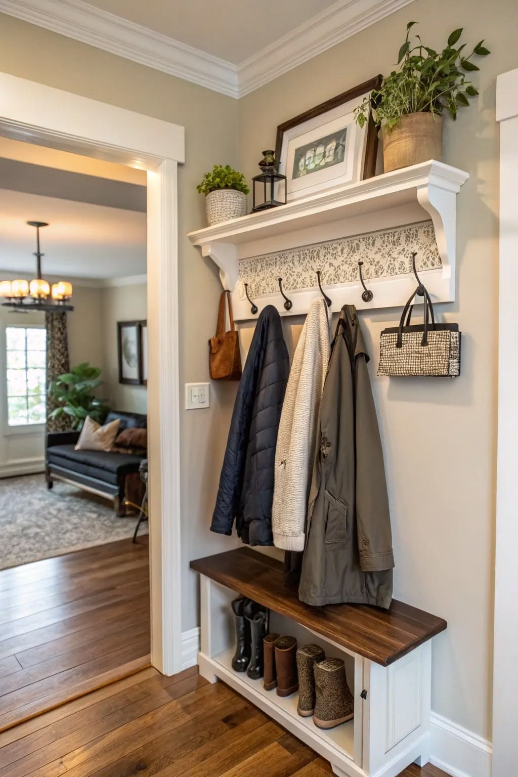 Classic Farmhouse Entryway With Wooden Bench