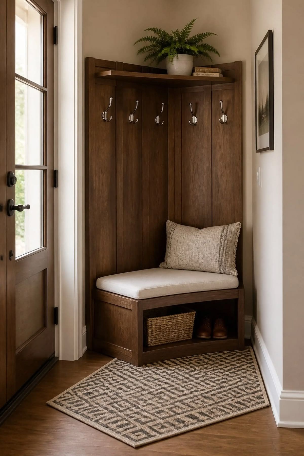 Compact Wooden Corner Entryway Bench Design