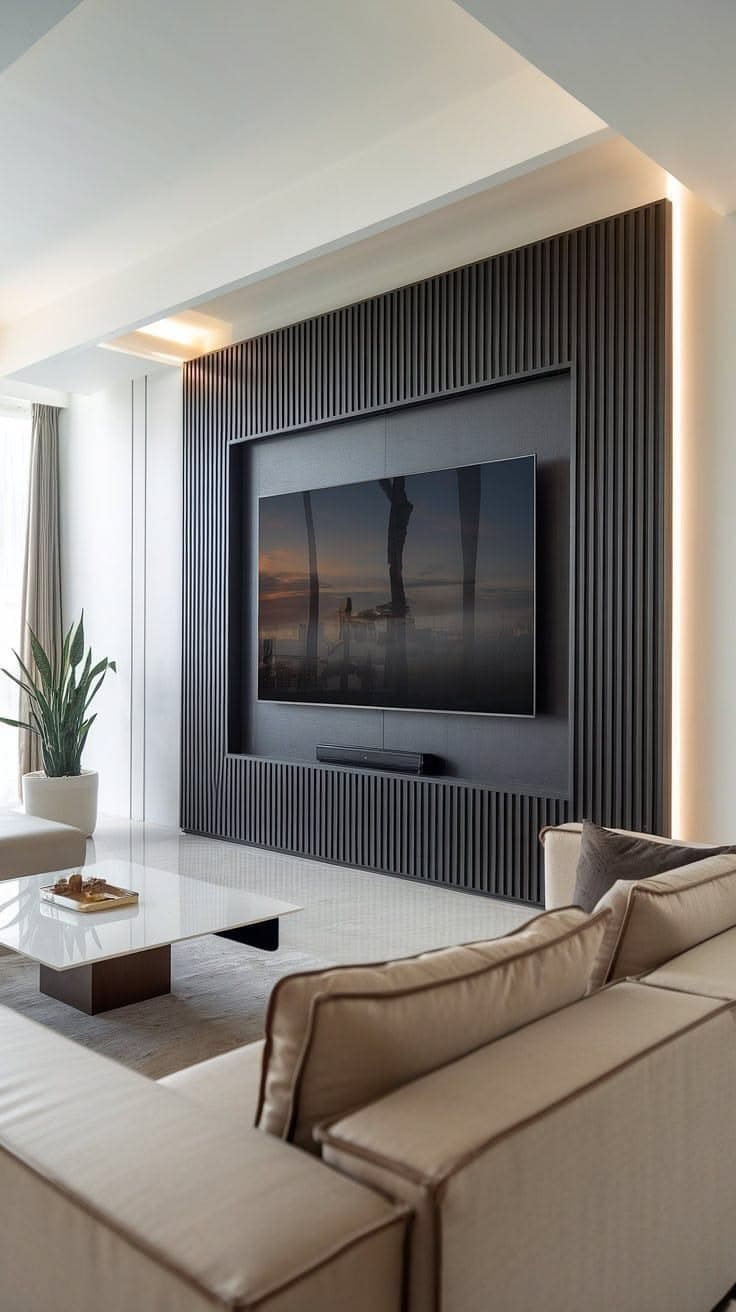 Contemporary Black Slatted Television Feature Wall
