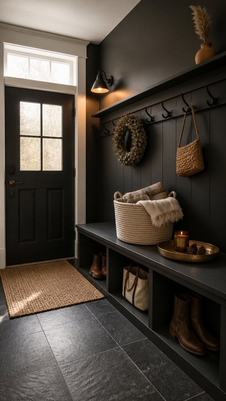 Cozy Black and White Mudroom