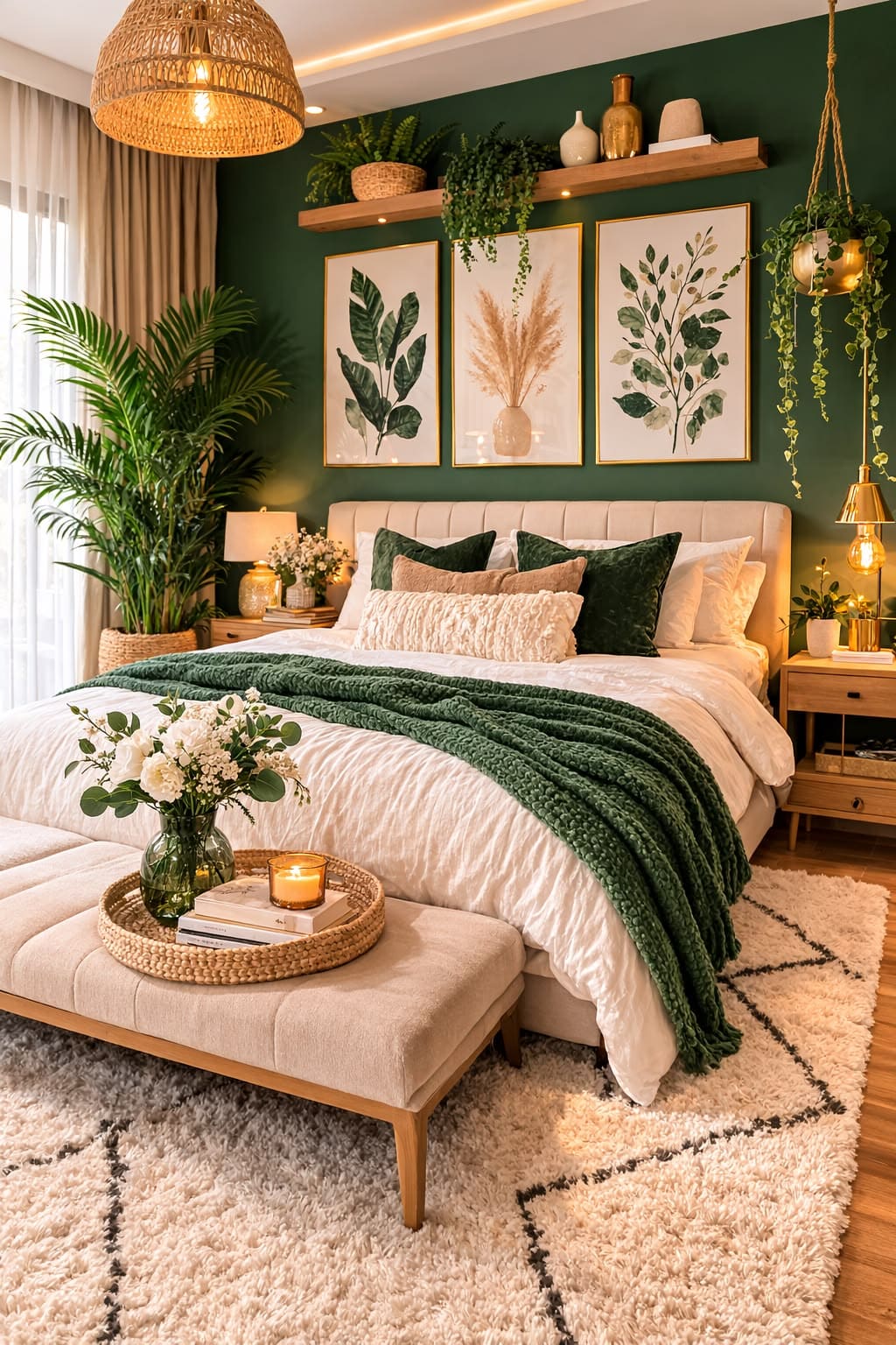 Cozy Forest Green Botanical Bedroom Retreat