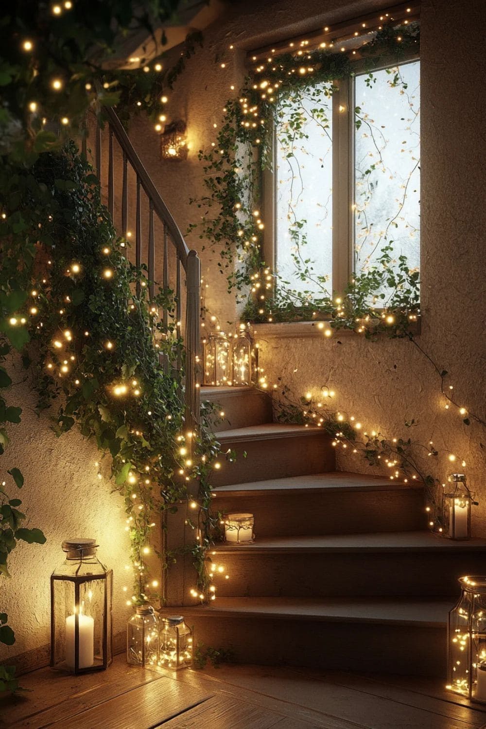 Dreamy Woodland Staircase With Fairy Lights