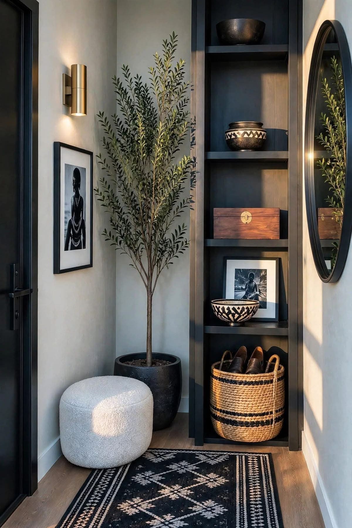 Elegant Black Corner Entryway With Shelving