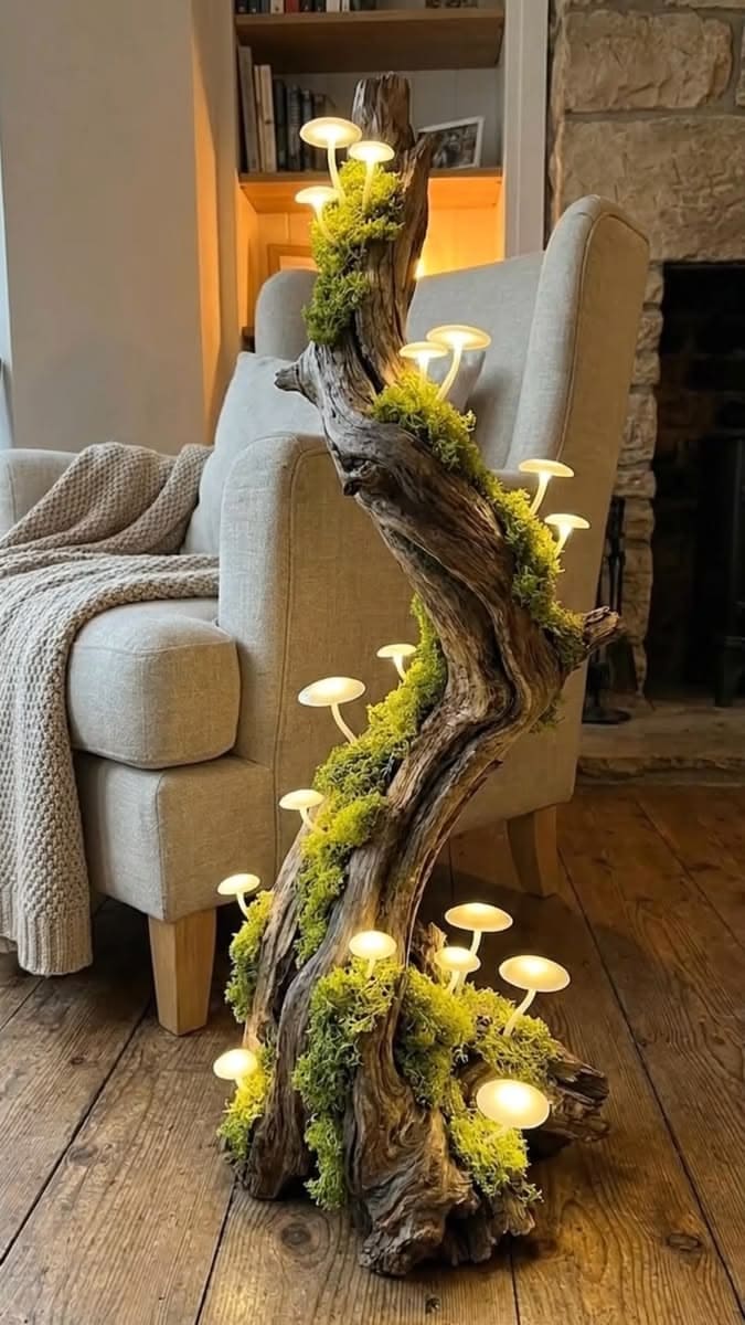 Enchanted Woodland Mushroom Driftwood Floor Lamp