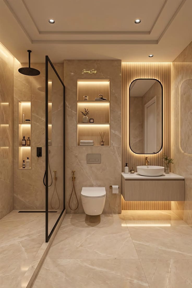 Luxurious Beige Minimalist Bathroom With Lighting