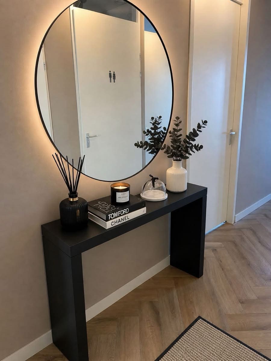 Minimalist Black Console With Round Mirror