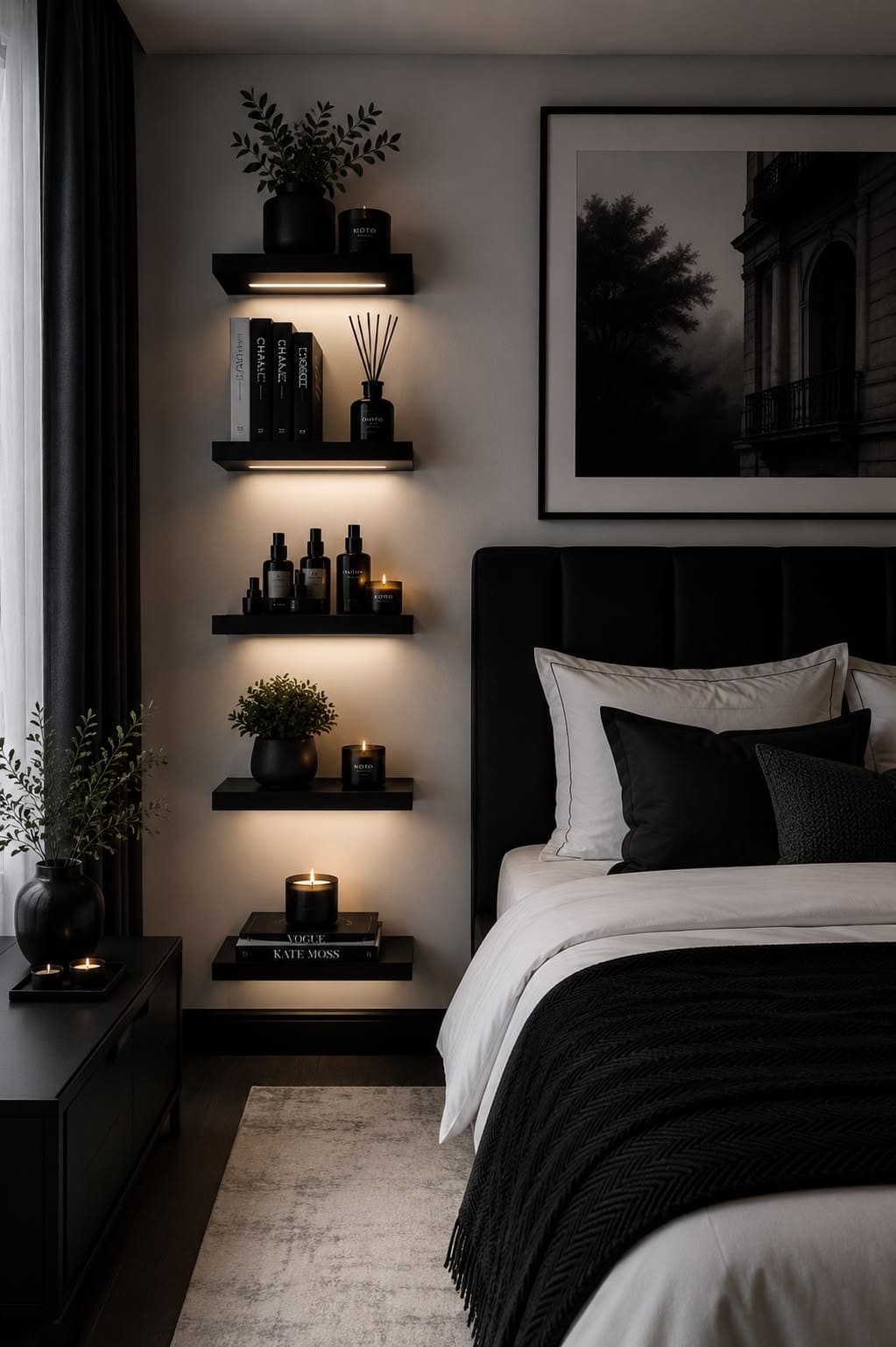 Moody Black and White Bedroom