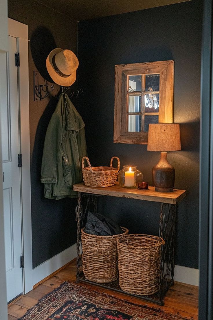 Moody Farmhouse Entryway With Woven Baskets