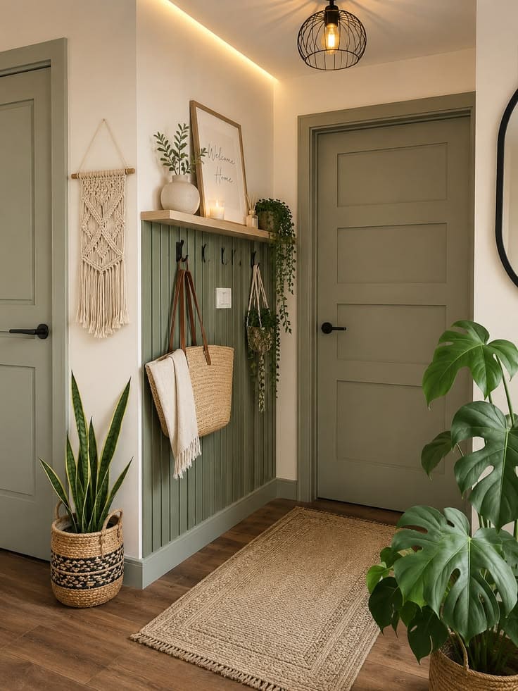 Sage Green Corner Entryway With Hooks