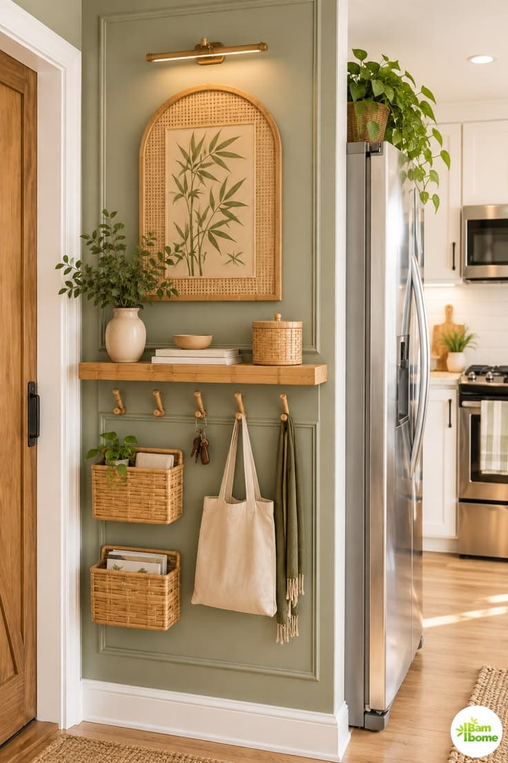 Space Saving Entryway With Wicker Storage