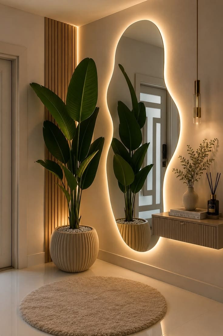 Warm Minimalist Entryway With Organic Mirror