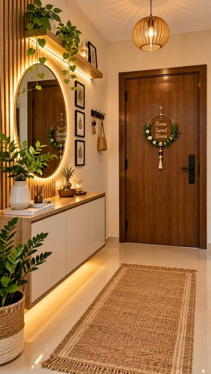 Warm Modern Entryway With Floating Cabinet