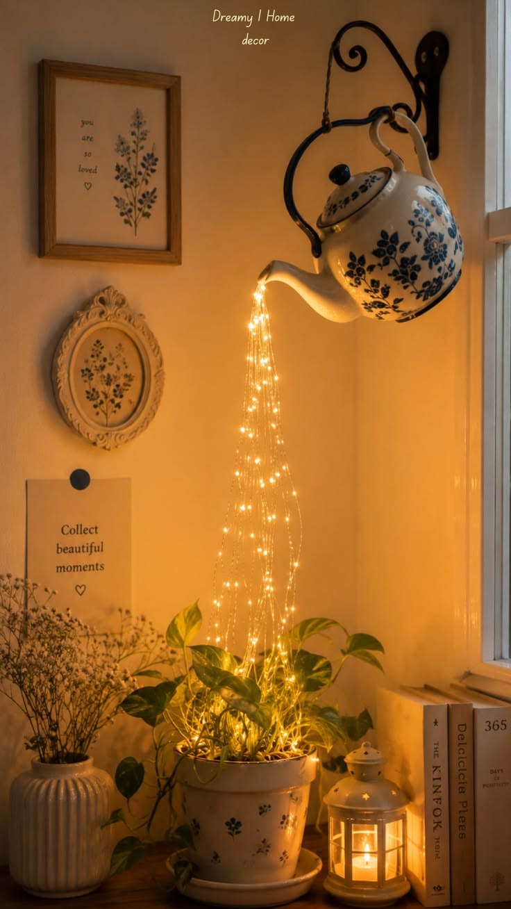 Whimsical Teapot Fairy Light Plant Display