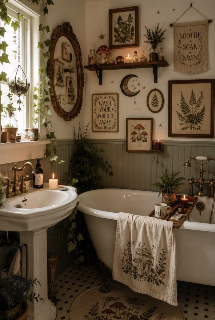 Whimsical Woodland Cottagecore Bathroom With Mushrooms